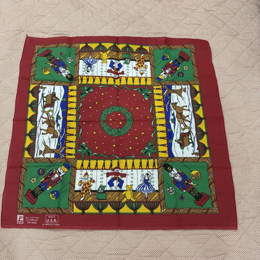 Paris Brand Vintage Christmas Hankie Nutcracker Theme Bandana Made In USA Cotton